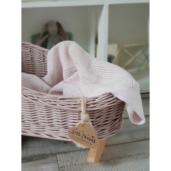 Culla in vimini per bambole dirty pink - letto realizzato a mano 30x45 cm