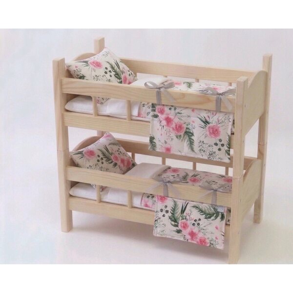 Etagenbett aus Holz für Puppen mit kompletter Bettwäsche und Organizer