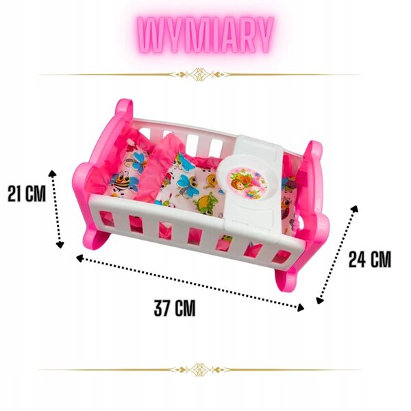 Culla per bambole rosa con lenzuola e vassoio - motivo a farfalle, 37 cm