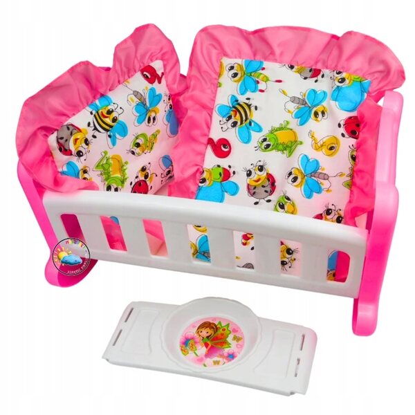 Culla per bambole rosa con lenzuola e vassoio - motivo a farfalle, 37 cm