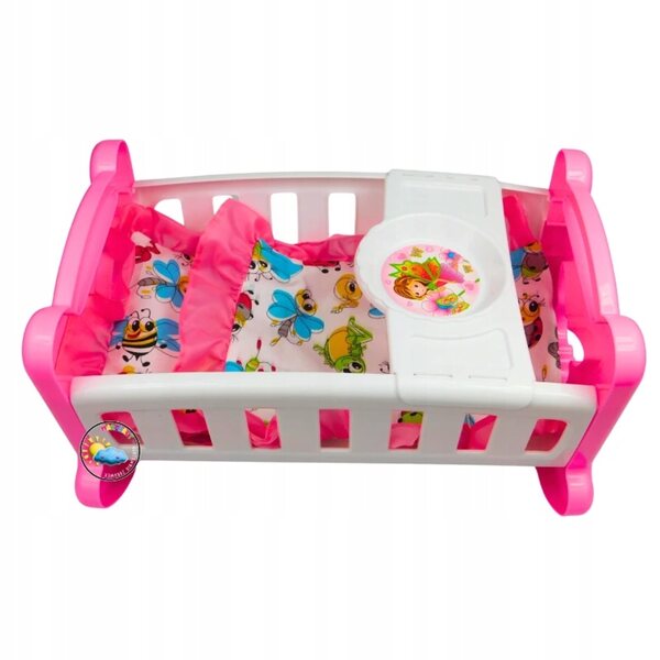 Culla per bambole rosa con lenzuola e vassoio - motivo a farfalle, 37 cm