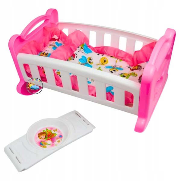 Culla per bambole rosa con lenzuola e vassoio - motivo a farfalle, 37 cm