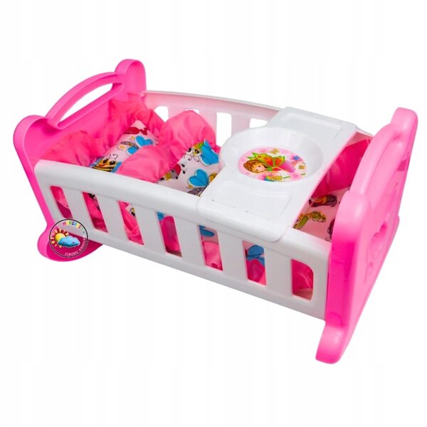 Culla per bambole rosa con lenzuola e vassoio - motivo a farfalle, 37 cm