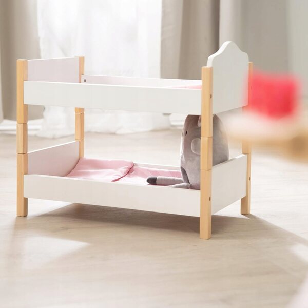 Letto a castello per bambole Scarlett in legno con accessori e biancheria