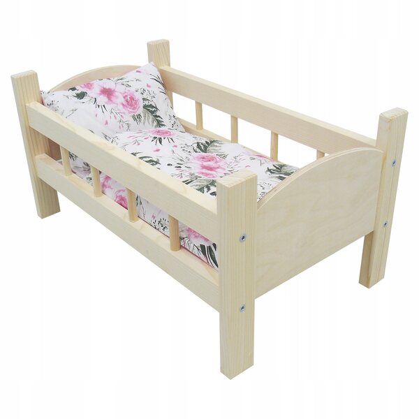 Holzbett für Puppen mit Kinderwäsche, Maße 54x31x27 cm
