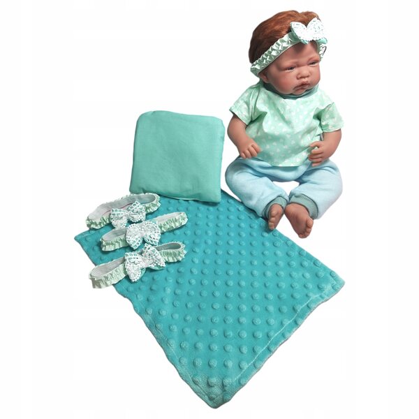 3-teiliges Set aus Decke, Kissen und Stirnband für weiche grüne Minky-Puppe