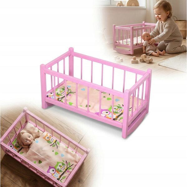 Holzwiege für rosa Peewit-Puppen mit Matratze, Spielzeug für Kinder