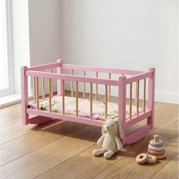 Holzwiege für rosa Peewit-Puppen mit Matratze, Spielzeug für Kinder