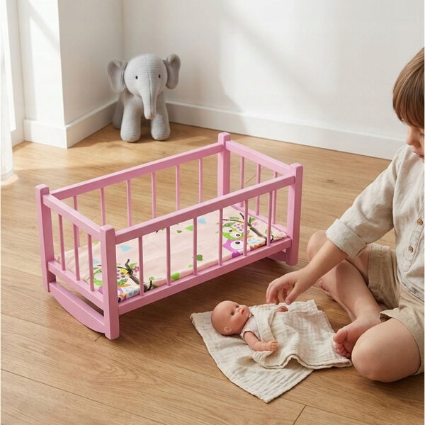 Holzwiege für rosa Peewit-Puppen mit Matratze, Spielzeug für Kinder
