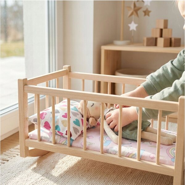 Naturholzbett für Puppen mit Matratze und Bettwäsche - Kiebitz 25 cm