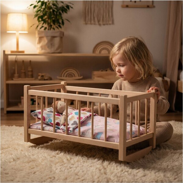 Naturholzbett für Puppen mit Matratze und Bettwäsche - Kiebitz 25 cm