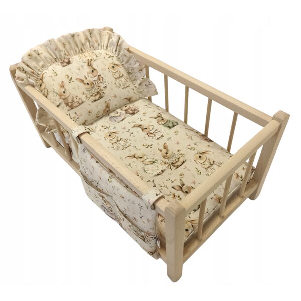 Holzbett für Puppen mit Häschen- und Blumenbettwäsche, natur