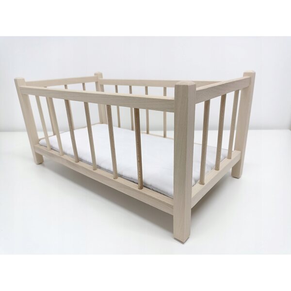 Holzbett für Puppen mit Häschen- und Blumenbettwäsche, natur