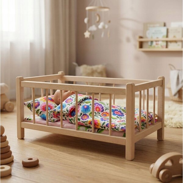 Letto in legno per bambole Peewit con materasso e biancheria a motivo floreale