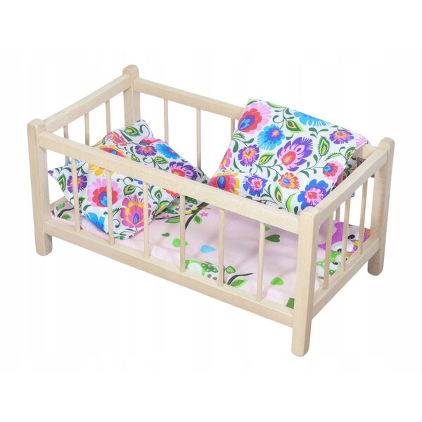 Letto in legno per bambole Peewit con materasso e biancheria a motivo floreale