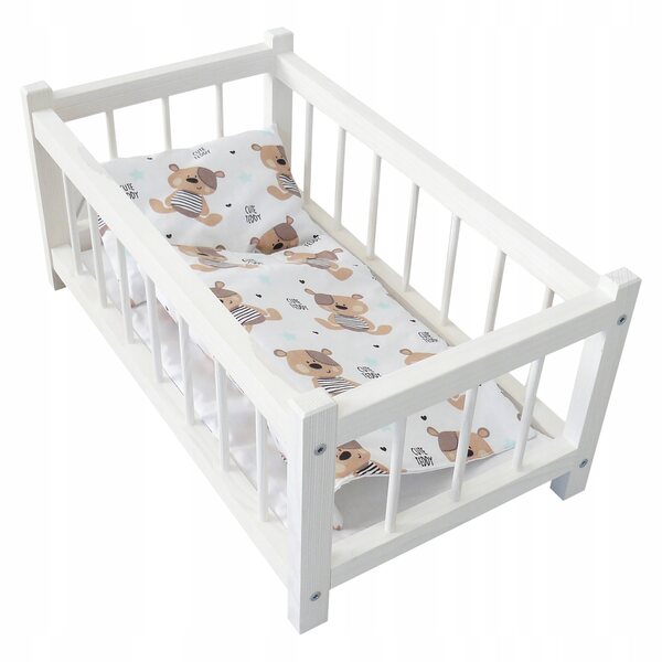 Letto in legno bianco per bambole con biancheria teddy, giocattolo per bambini