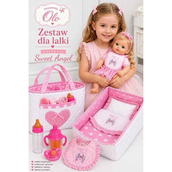 Borsa per bambole Sweet Angel, bianca con tasche, cotone trapuntato, 30x25 cm