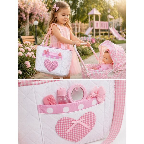 Borsa per bambole Sweet Angel, bianca con tasche, cotone trapuntato, 30x25 cm