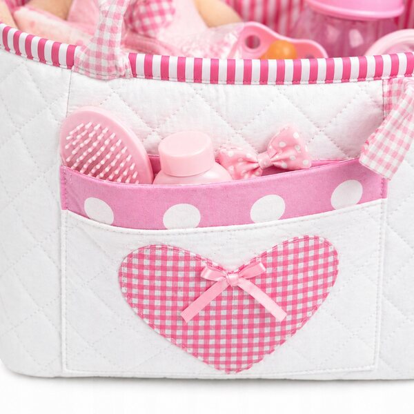 Borsa per bambole Sweet Angel, bianca con tasche, cotone trapuntato, 30x25 cm
