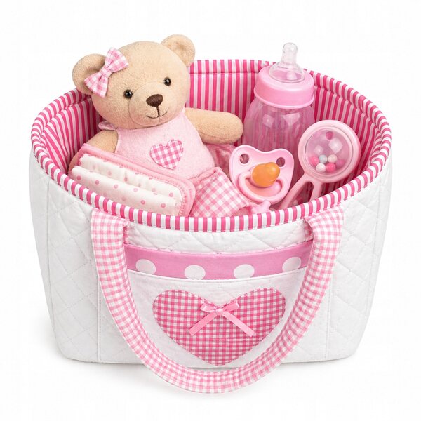 Borsa per bambole Sweet Angel, bianca con tasche, cotone trapuntato, 30x25 cm