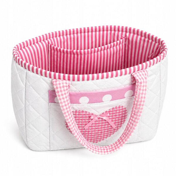 Borsa per bambole Sweet Angel, bianca con tasche, cotone trapuntato, 30x25 cm