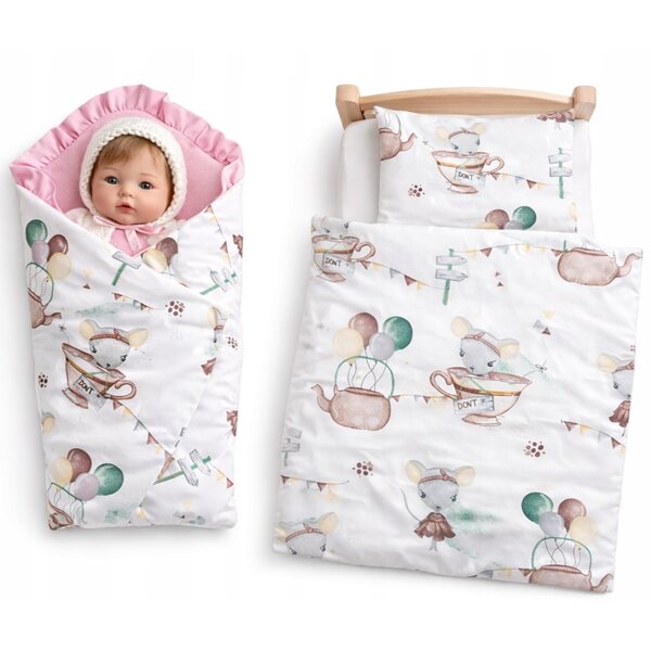 ZESTAW PREMIUM pościel + becik "MYSZ FILIŻANKA" - lalka 40 45 cm