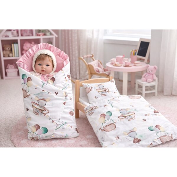ZESTAW PREMIUM pościel + becik "MYSZ FILIŻANKA" - lalka 40 45 cm