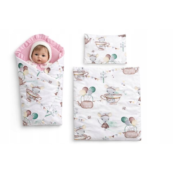ZESTAW PREMIUM pościel + becik "MYSZ FILIŻANKA" - lalka 40 45 cm