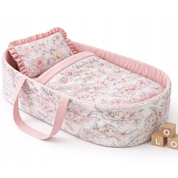Großes Set mit Babytrage und Bettwäsche für Reborn-Puppe „Princess Flower“ 50 cm