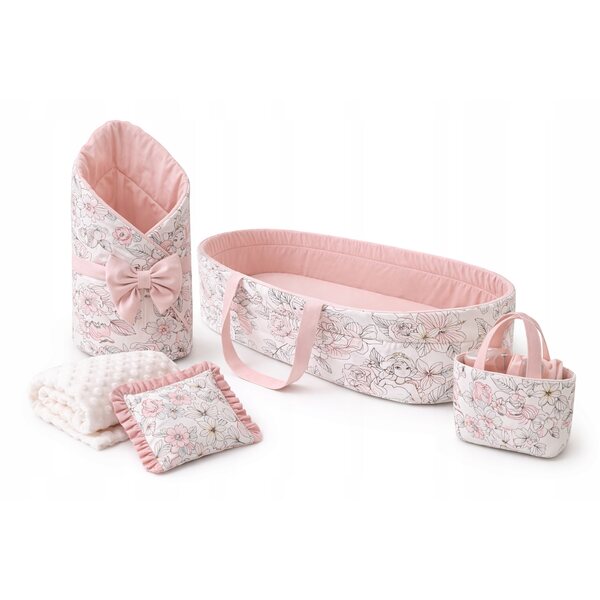 Großes Set mit Babytrage und Bettwäsche für Reborn-Puppe „Princess Flower“ 50 cm