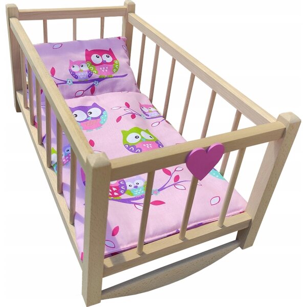 Puppenbett aus Holz mit dreiteiliger Bettwäsche – hergestellt in Polen