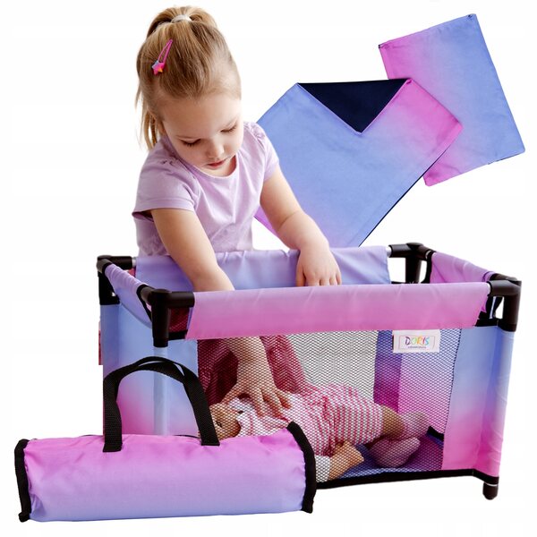 Grande lettino per bambole Doris con borsa e biancheria da letto 52 cm