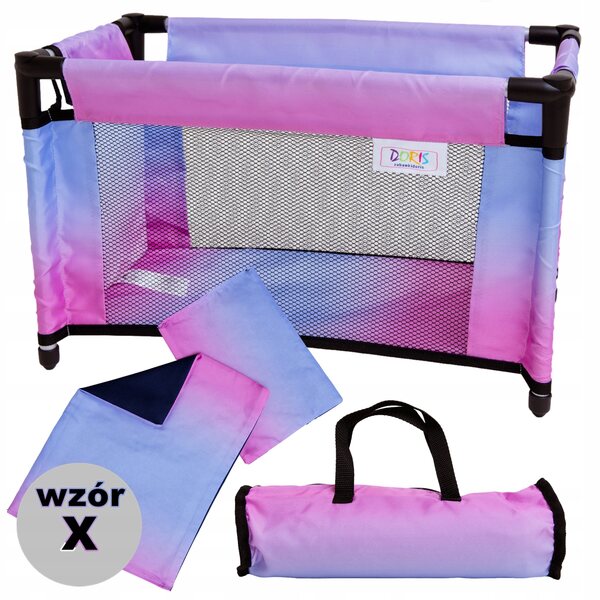 Grande lettino per bambole Doris con borsa e biancheria da letto 52 cm