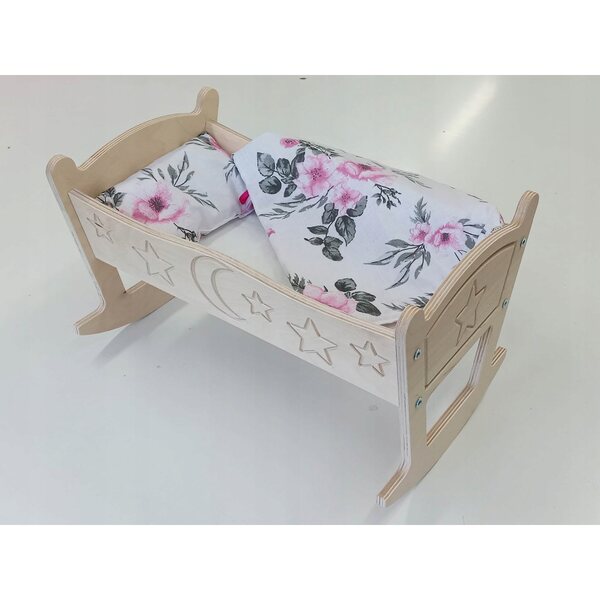 Holzwiege für Puppen mit 3-teiligem Bettwäscheset und dekorativen Gravuren