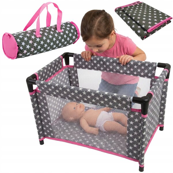 Großes Puppenbett mit Kissen, Decke und Reisetasche
