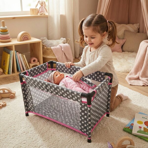 Großes Puppenbett mit Kissen, Decke und Reisetasche