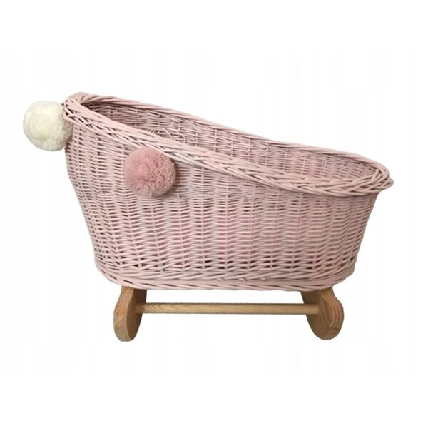 Culla per bambole in vimini rosa con biancheria da letto e pompon - Prodotto polacco