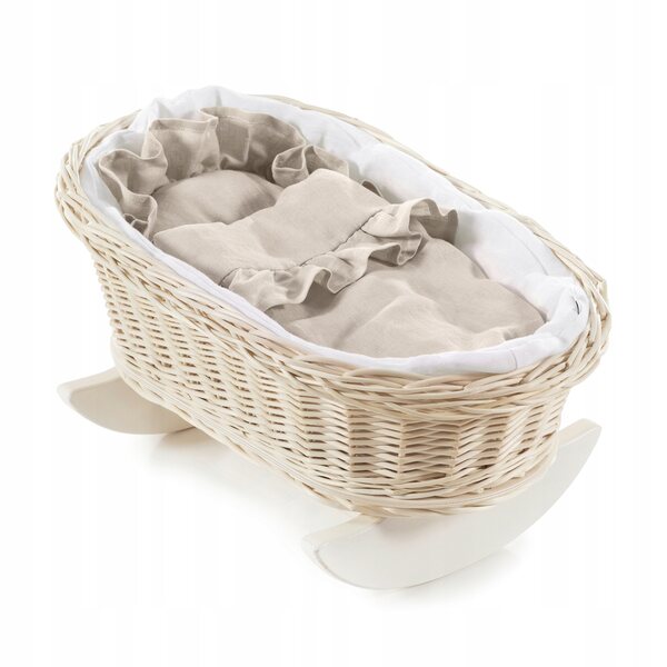 Culla per bambole in vimini con bordino bianco, cuscino e trapunta 46x30 cm