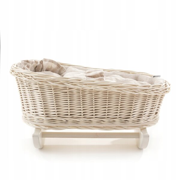 Culla per bambole in vimini con bordino bianco, cuscino e trapunta 46x30 cm