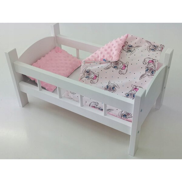 Letto bianco in legno per bambole con completo di biancheria antiallergica