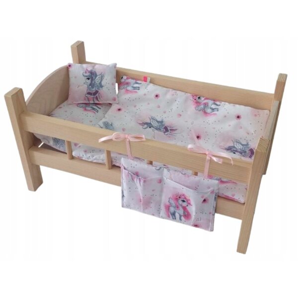 Letto per bambole in legno con set di biancheria da letto e organizer, 27x54x31 cm