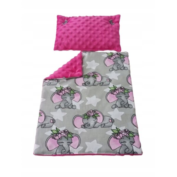 Bettwäscheset für 30-cm-Puppen mit Decke und Kissen im Elefanten-Motiv