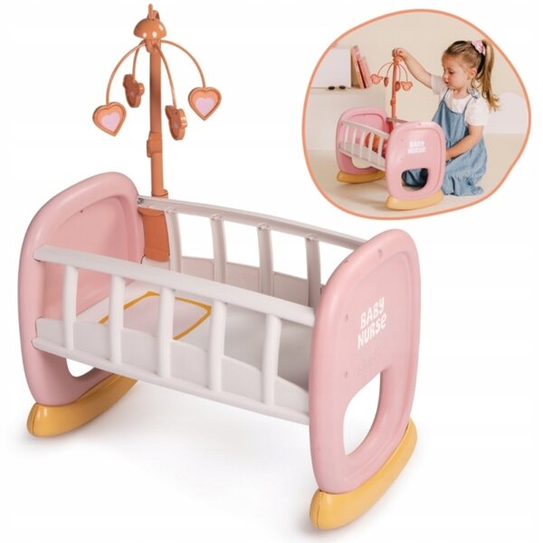 Culla e lettino rosa per bambole Baby Nurse con giostrina manuale Smoby