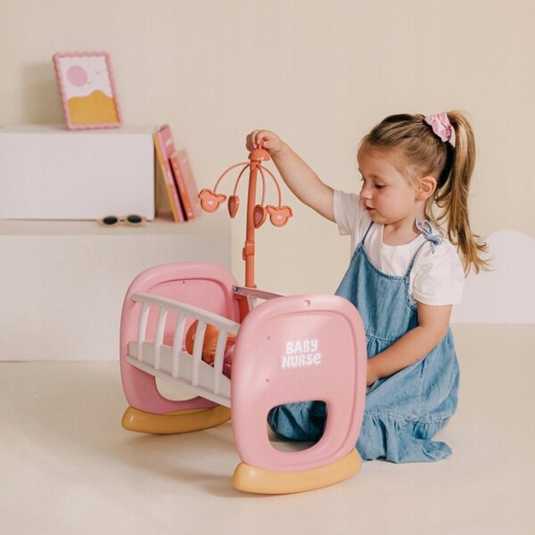 Culla e lettino rosa per bambole Baby Nurse con giostrina manuale Smoby
