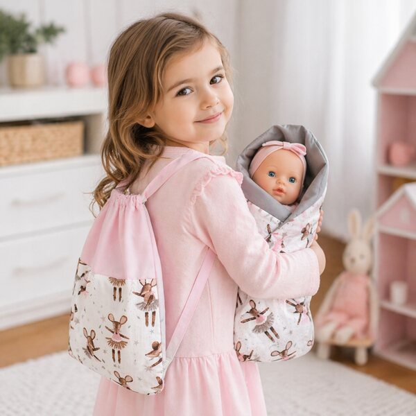 Komplettes Becik- und Torf-Set für Puppen bis 45 cm mit Ballerina-Maus-Motiv