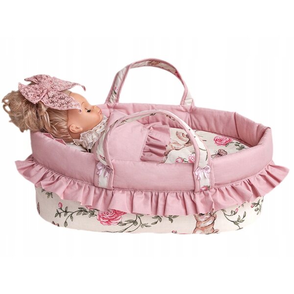 Liliowomi-Puppenbett mit ecrufarbener und rosa Häschen-Bettwäsche, 45 cm
