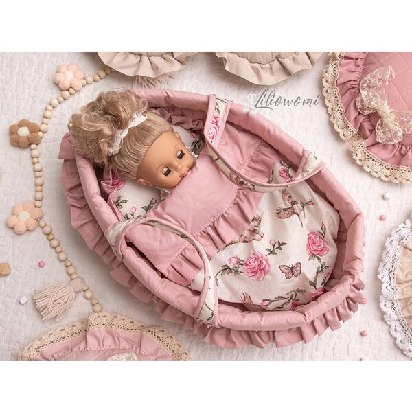 Lettino per bambole Liliowomi con biancheria Bunnies ecru e rosa 45 cm