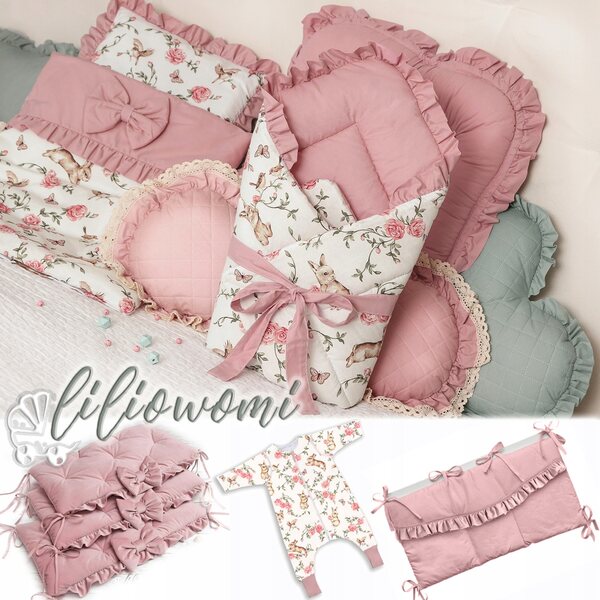 Lettino per bambole Liliowomi con biancheria Bunnies ecru e rosa 45 cm