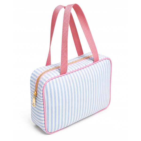 Kleine Puppenzubehörtasche mit blauen Streifen und rosa Besatz