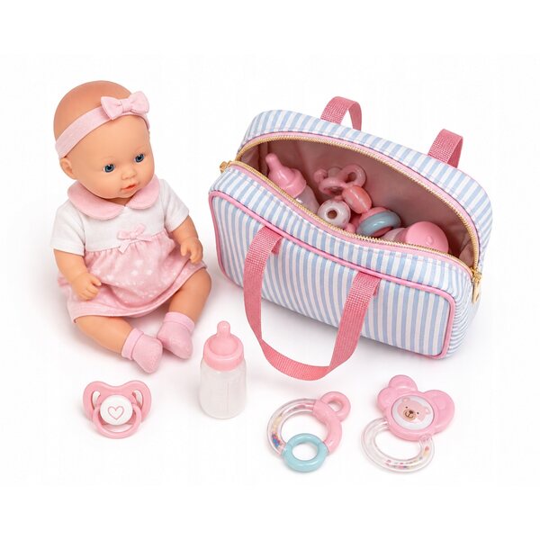 Kleine Puppenzubehörtasche mit blauen Streifen und rosa Besatz